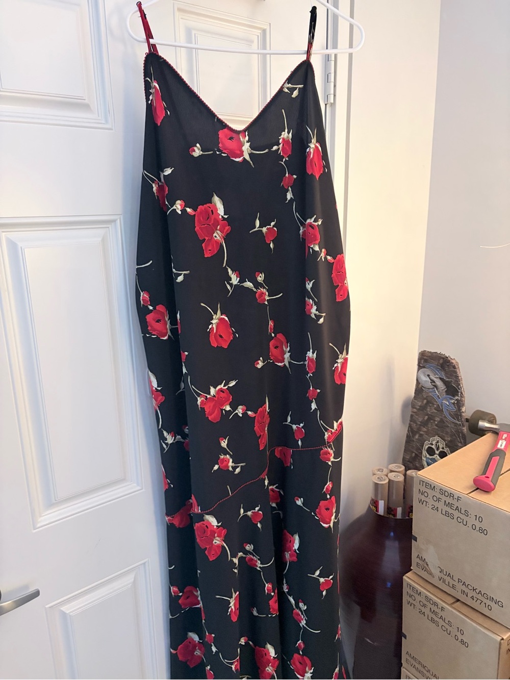 August Max Black Maxi Slip Dress with Red Rose Print